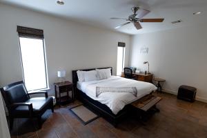 a bedroom with a bed with a ceiling fan and a chair at Casablanca 1 in Houston
