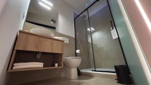 La salle de bains est pourvue de toilettes et d'une douche en verre. dans l'établissement SAN LORENZO Luxury Boutique, à Mantoue