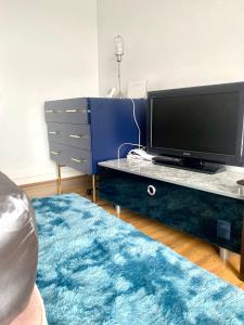 uma sala de estar com uma televisão de ecrã plano e um tapete azul em 3 bedroom peaceful house (5 people maximum) em Morriston