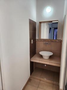 a bathroom with a sink and a mirror at Petit Balcarce Salta in Salta