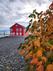 a red building with a lighthouse in the background at The View suites and breakfast in Triton, Newfoundland in Pilleyʼs Island