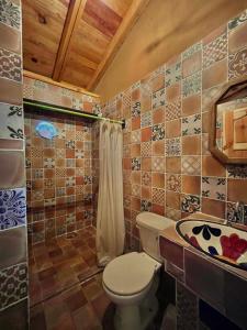 a bathroom with a toilet and a tiled wall at Casa del Sol in Pátzcuaro