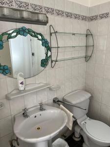 a bathroom with a sink and a toilet and a mirror at Home2Home Guesthouse in Christ Church