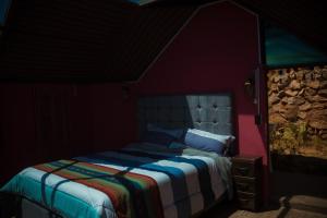 1 dormitorio con 1 cama en una habitación oscura en Sky Dome Peru, en Cusco