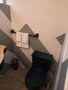 ein Bad mit einem schwarzen WC und 2 Handtüchern in der Unterkunft Departamento en Pueblo Libre in Lima