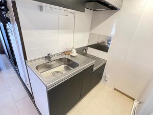 una cocina con fregadero de acero inoxidable. en BiBi Hotel FUTENMA, en Ginowan
