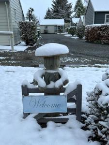 una estatua en un patio cubierto de nieve en Hampshire Holiday Parks - Arrowtown, en Arrowtown