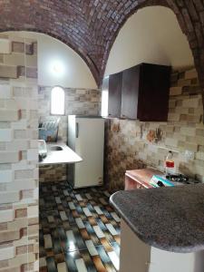 uma cozinha com uma parede de tijolos e um frigorífico em Djorf apartments em Al Aqālitah