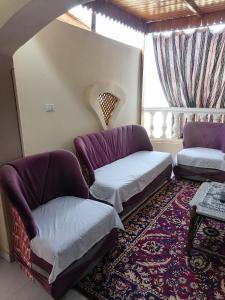 uma sala de estar com dois sofás e um tapete em Djorf apartments em Al Aqālitah