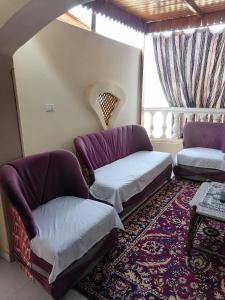 a living room with two couches and a rug at Djorf apartments in Al Aqālitah
