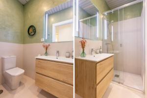 two pictures of a bathroom with a toilet and a sink at Magno Apartments Casa del Correo Mayor I in Seville