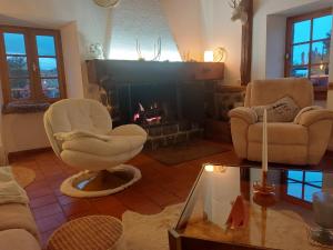 Una sala de estar con una silla y una chimenea. en 21lemonde, en Le Brignon
