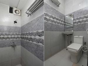 two pictures of a bathroom with a toilet and a sink at Collection O Hotel RV Palace in Agra