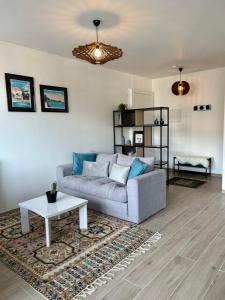 a living room with a couch and a table at Studio centre-ville, proche des thermes in Thonon-les-Bains