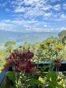 un ramo de flores en una mesa con vistas en The Norling Homestay, en Almora