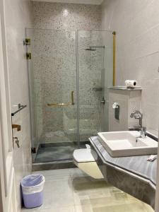 a bathroom with a shower and a sink and a toilet at El Farida Hotel in Cairo