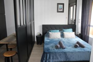 1 dormitorio con 1 cama con sábanas y almohadas azules en Studio centre-ville, proche des thermes, en Thonon-les-Bains