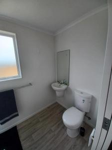 een witte badkamer met een toilet en een wastafel bij West Coast Wonder 4 Minutes Drive to Glinks Gully in Te Kopuru