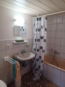 a bathroom with a sink and a shower curtain at Ferienwohnung Niederottendorf in Neustadt in Sachsen