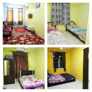 four pictures of a room with four different beds at Homestay Abah Wakaf Che Yeh in Kota Bharu