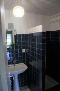 ein blau gefliestes Bad mit einem Waschbecken und einem Spiegel in der Unterkunft Grand T2 au calme, entre mer et montagne in Arbonne