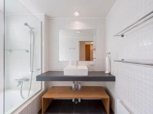 a bathroom with a sink and a shower and a mirror at Baw Baw Sansou in Niseko