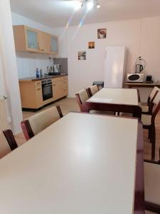 eine Küche mit 2 Tischen und Stühlen sowie einem Kühlschrank in der Unterkunft Naab-burg in Nabburg