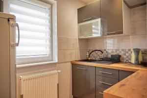uma cozinha com um lavatório e uma janela em Waldi Apartament Cieplice em Jelenia Góra