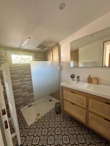 y baño con lavabo y espejo. en Maison Première ligne Tocade1, en Andernos-les-Bains