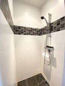 La salle de bains est pourvue d'une douche et de toilettes. dans l'établissement Maison de charme, Les Voiles à Sainte Marine, à Combrit