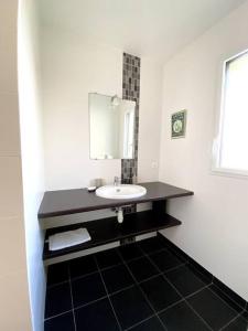La salle de bains est pourvue d'un lavabo et d'un miroir. dans l'établissement Maison de charme, Les Voiles à Sainte Marine, à Combrit