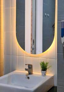 Olivia SOHO Guest House في ليغِيان: مغسلة الحمام فيها مراية وزرع عليها