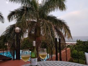 dos copas de vino blanco en una mesa con una palmera en The Missing Link A place you've been searching for, en Umtentweni