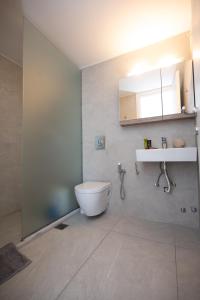 uma casa de banho com um WC, um lavatório e um espelho. em Spilia Apartments & Suites Mykonos em Agrari