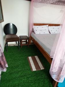 - une chambre dotée d'une moquette verte, d'un lit et d'une chaise dans l'établissement Mikocheni Home stay, à Dar es Salaam