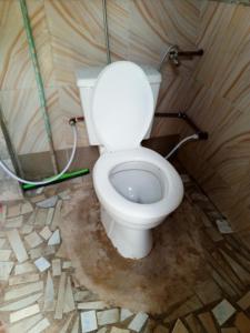 a bathroom with a toilet in a wooden wall at Mikocheni Home stay in Dar es Salaam