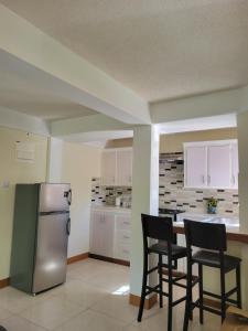 a kitchen with a refrigerator and a table with chairs at KanXio Apartment in Pointe Michel