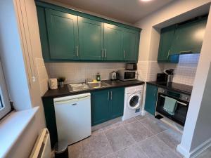 a green kitchen with a sink and a dishwasher at Temple Bar Apart in Dublin