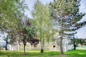 un groupe d'arbres devant un bâtiment dans l'établissement ibis budget Versailles - Trappes, à Trappes