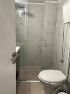 a bathroom with a toilet and a glass shower at Central Piraeus 2 in Piraeus