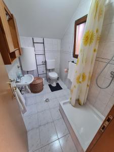 La salle de bains est pourvue d'une douche, d'un lavabo et de toilettes. dans l'établissement Le'Klet Holiday House, à Donji Kraj