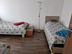 um quarto com duas camas e um candeeiro em Gästewohnung Alt Salbke mit Küche em Magdeburg