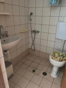 a bathroom with a shower and a toilet and a sink at Panorama Zimmer und Apartments Lentas in Lentas