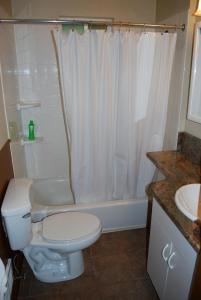 a bathroom with a white toilet and a shower at Northend Tacoma Charmer in Tacoma