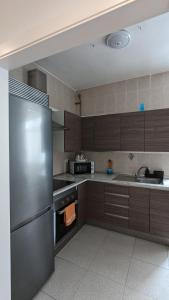 a kitchen with wooden cabinets and a stainless steel refrigerator at Apartamento Jacobo Villar in Valladolid