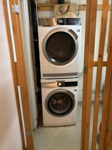 a washer and a washing machine in a room at AmdenLodge - Gardens Chalet in Amden