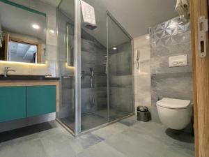 a bathroom with a shower and a toilet and a sink at Peramis Hotel & Spa in Antalya