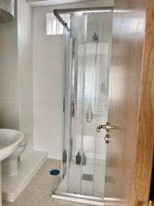 W łazience znajduje się prysznic ze szklanymi drzwiami. w obiekcie Alojamiento céntrico en Cangas w mieście Cangas de Morrazo