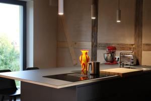 a kitchen with a counter with a vase on it at Ferienhaus Bullenberg in Schwarz