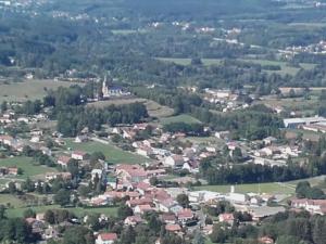 une vue aérienne sur une ville avec des arbres et des maisons dans l'établissement La Bienvenue, à Saint-Michel-sur-Meurthe